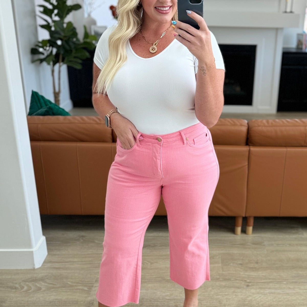 Judy Blue- High Rise Control Top Wide Leg Crop Jeans in Pink - Three Mad Hatters Mercantile 