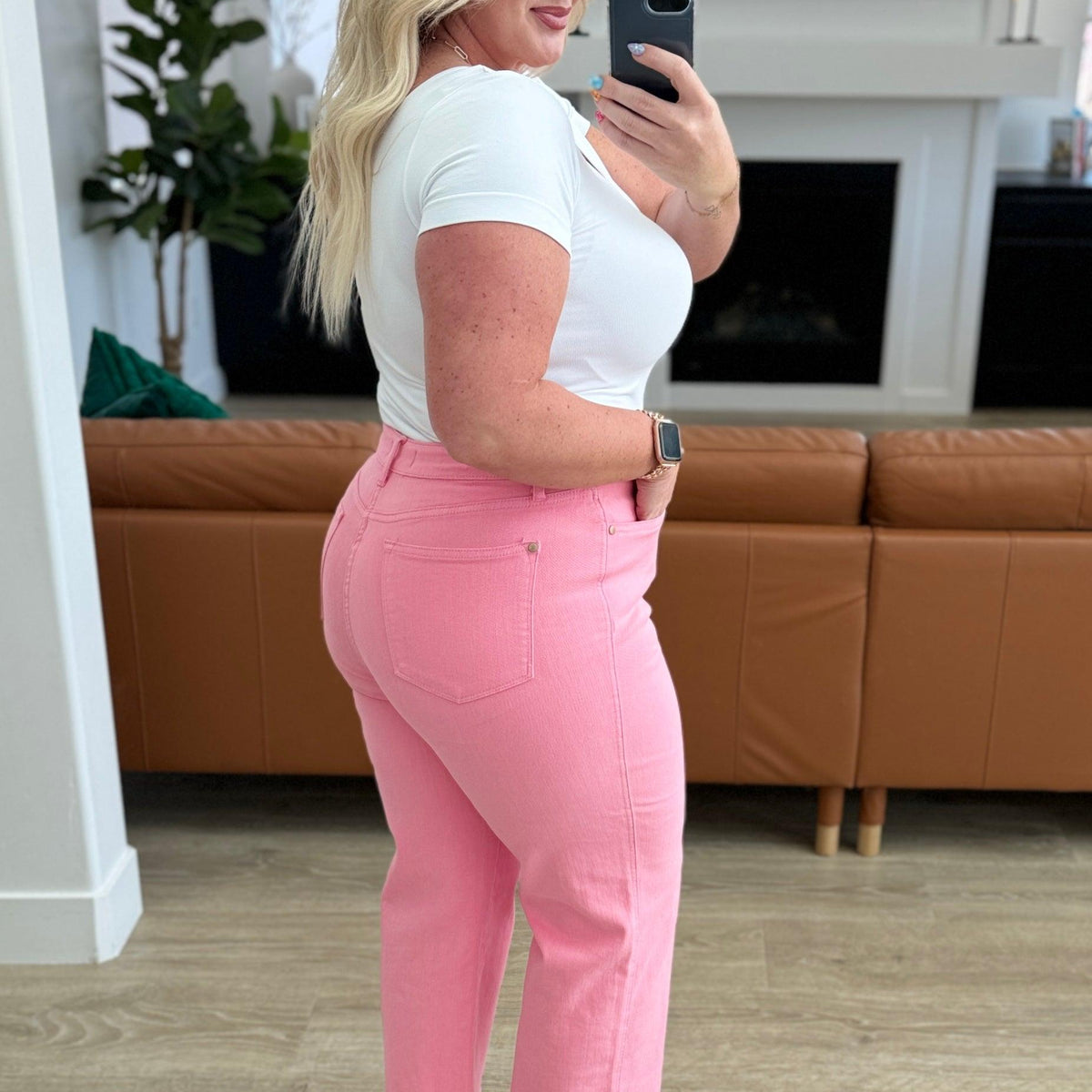 Judy Blue- High Rise Control Top Wide Leg Crop Jeans in Pink - Three Mad Hatters Mercantile 