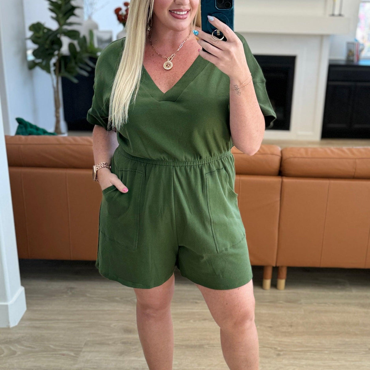 Short Sleeve V-Neck Romper in Army Green - Three Mad Hatters Mercantile 