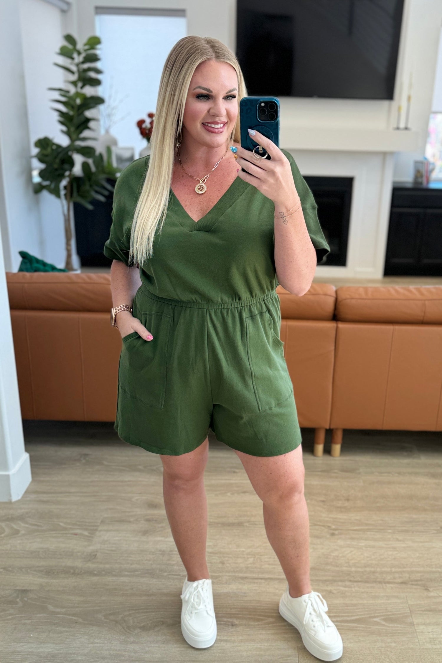 Short Sleeve V-Neck Romper in Army Green Womens Rompers   