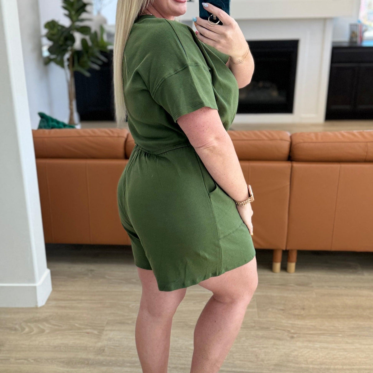 Short Sleeve V-Neck Romper in Army Green - Three Mad Hatters Mercantile 