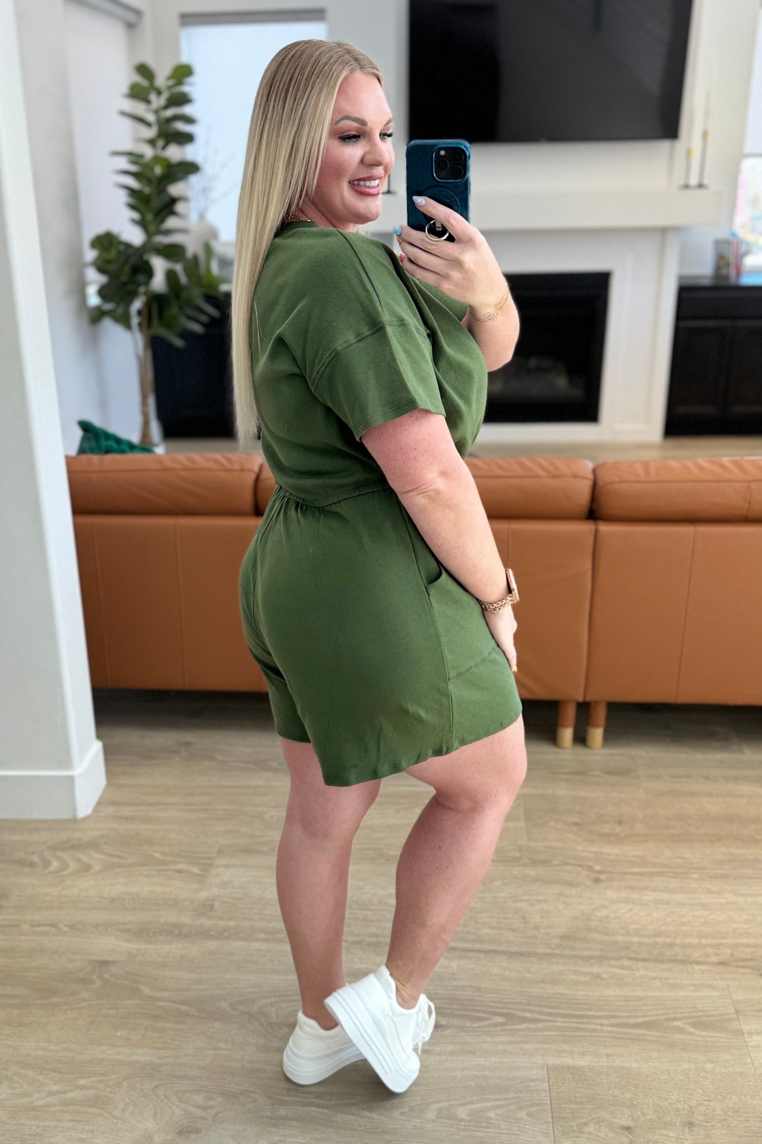 Short Sleeve V-Neck Romper in Army Green Womens Rompers   