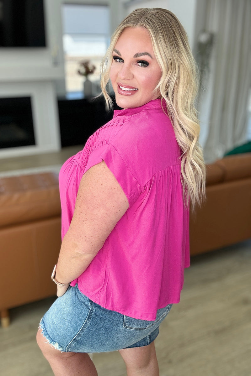 Pleat Detail Button Up Blouse in Hot Pink Tops   