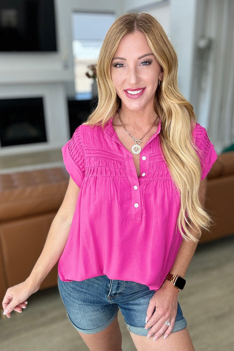 Pleat Detail Button Up Blouse in Hot Pink Tops   