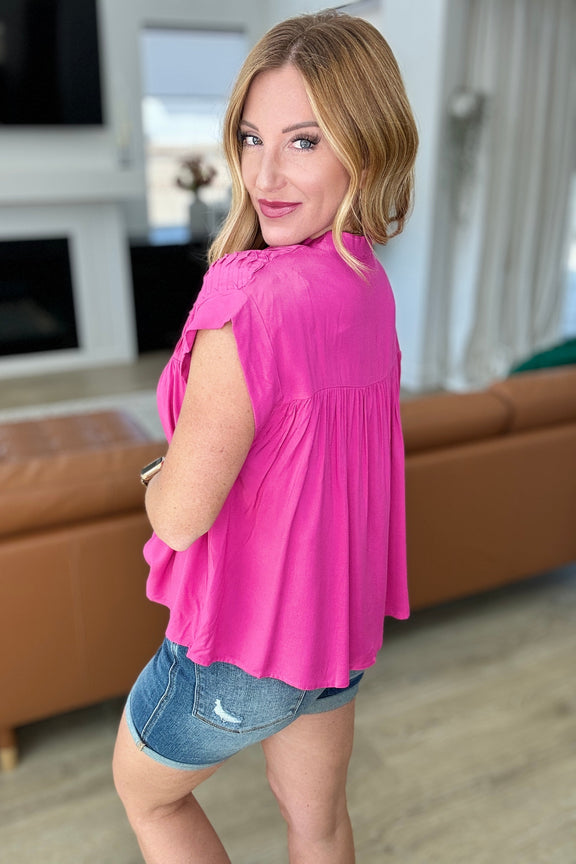 Pleat Detail Button Up Blouse in Hot Pink Tops   