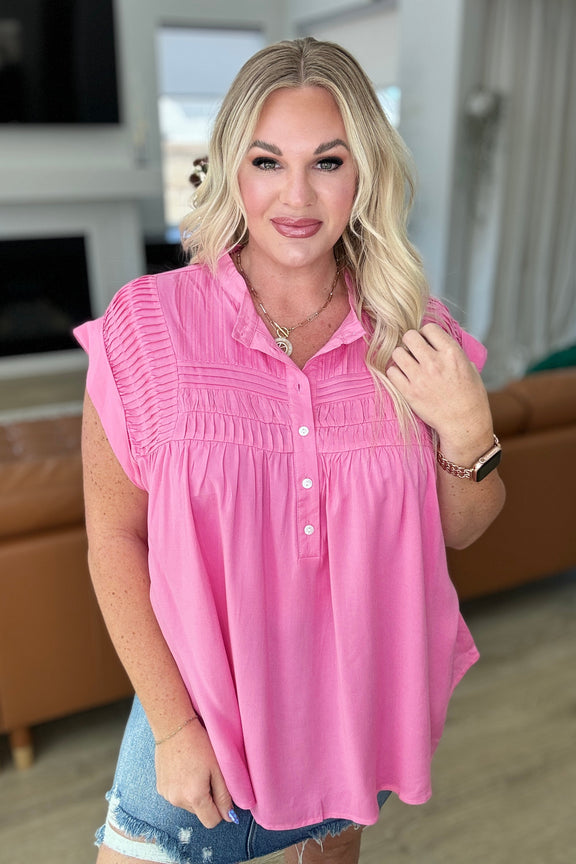 Pleat Detail Button Up Blouse in Pink Cosmos Tops   