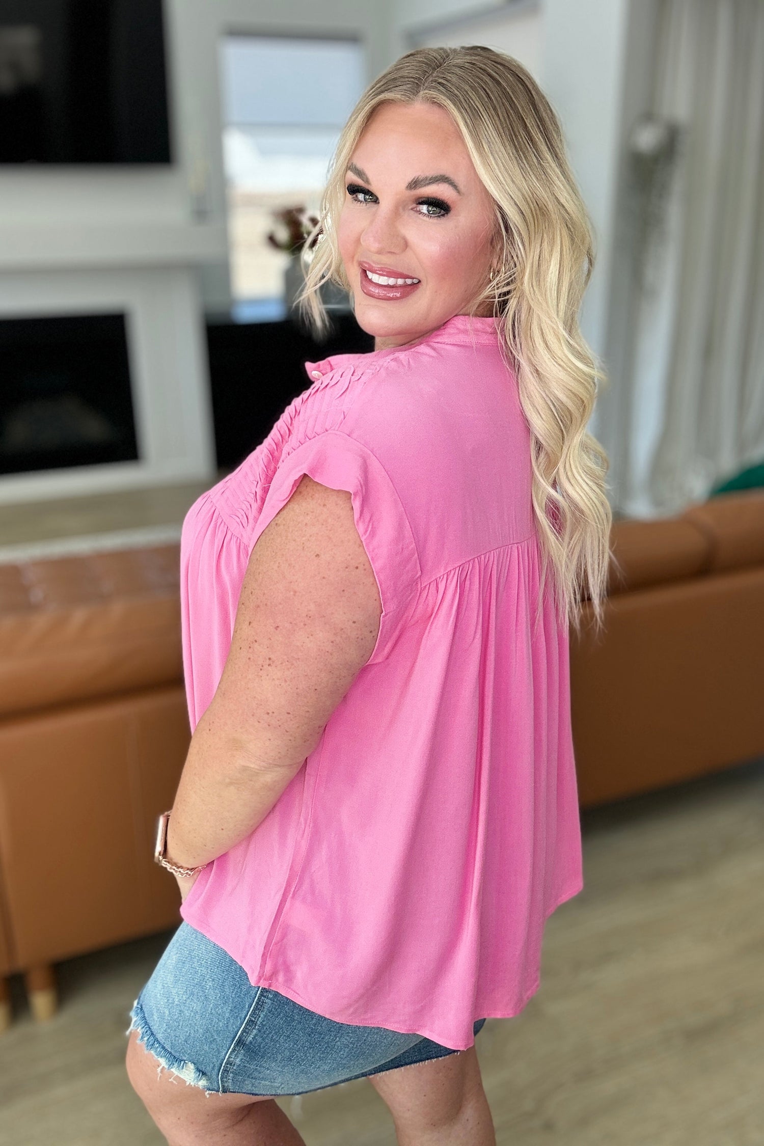 Pleat Detail Button Up Blouse in Pink Cosmos Tops   