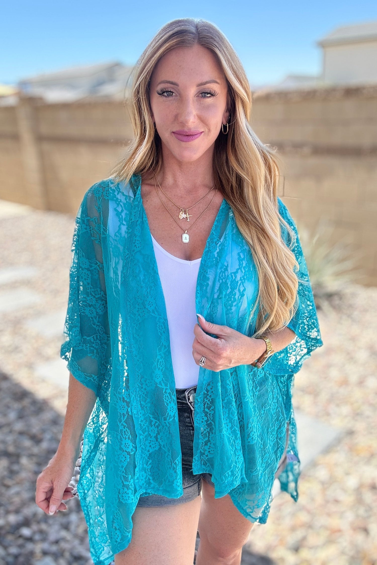 Good Days Ahead Lace Kimono In Teal Layers   