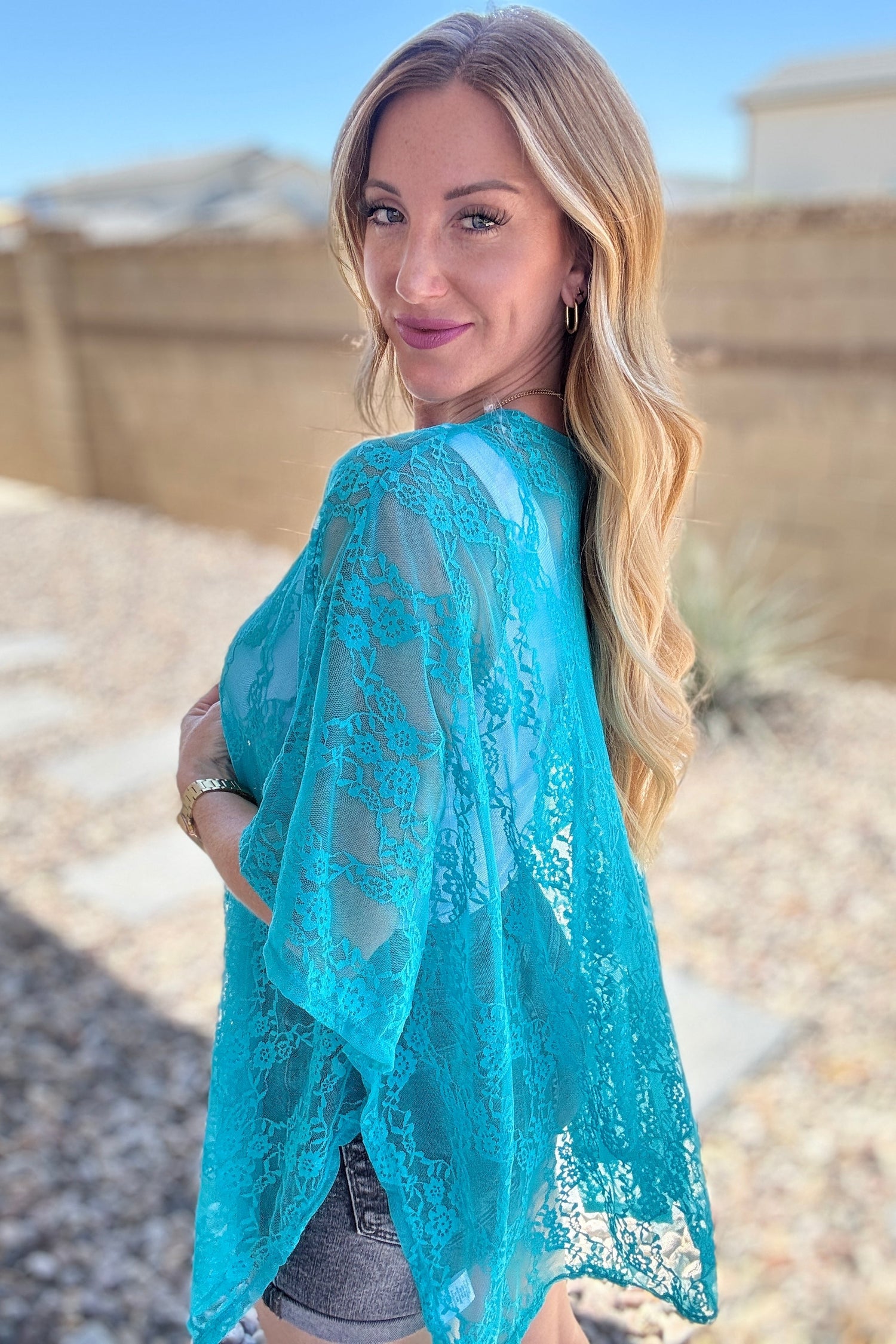 Good Days Ahead Lace Kimono In Teal Layers   