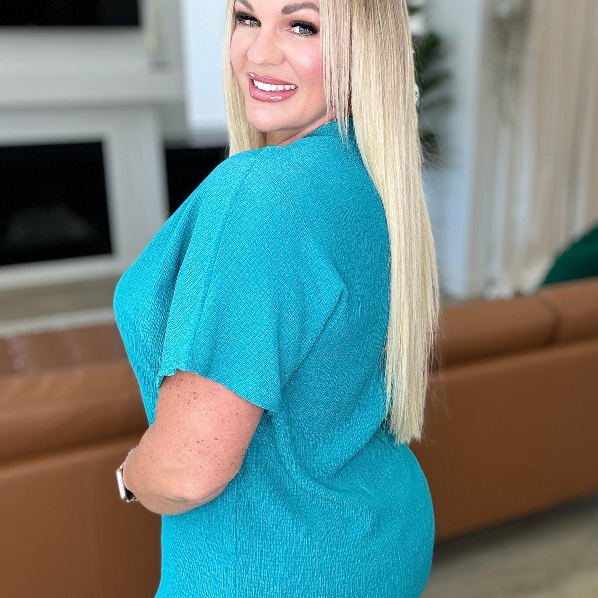 Trial and Error Textured V-Neck Blouse in Teal - Three Mad Hatters Mercantile 