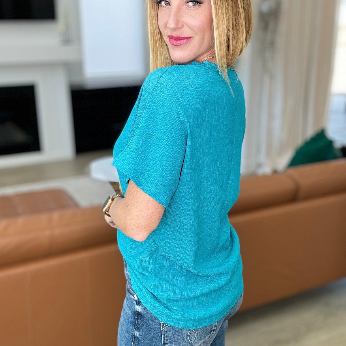 Trial and Error Textured V-Neck Blouse in Teal - Three Mad Hatters Mercantile 