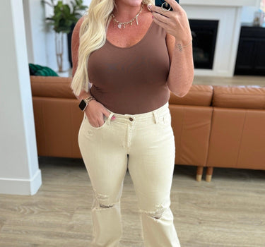 Selena High Rise Distressed 90's Straight Jeans in Bone