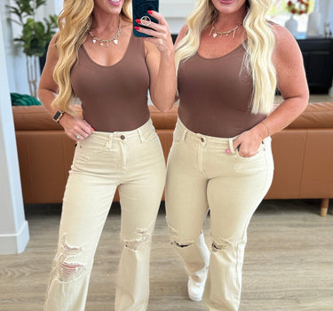 Selena High Rise Distressed 90's Straight Jeans in Bone