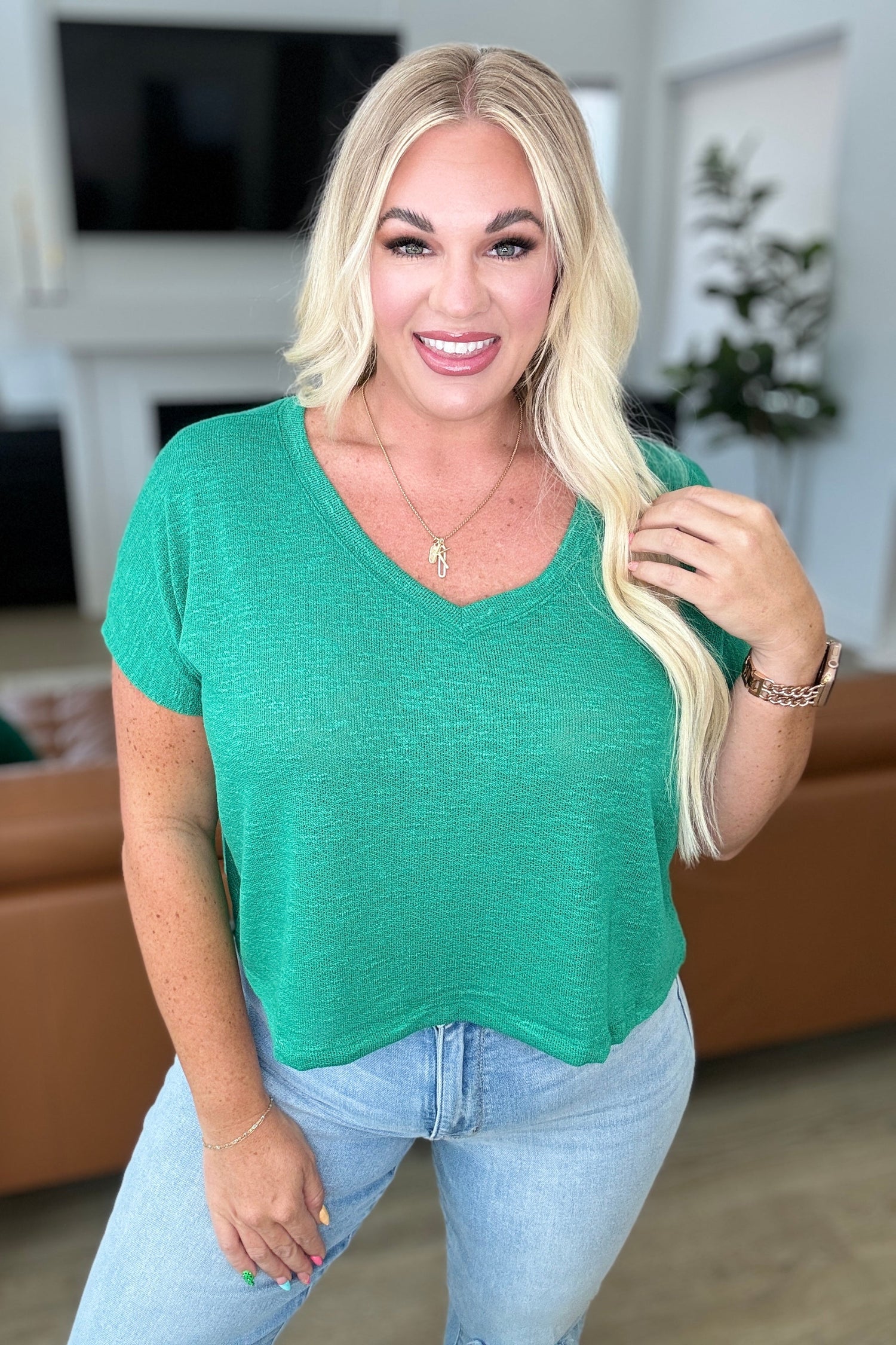 Classic Comfort V-Neck Top in Kelly Green Tops   