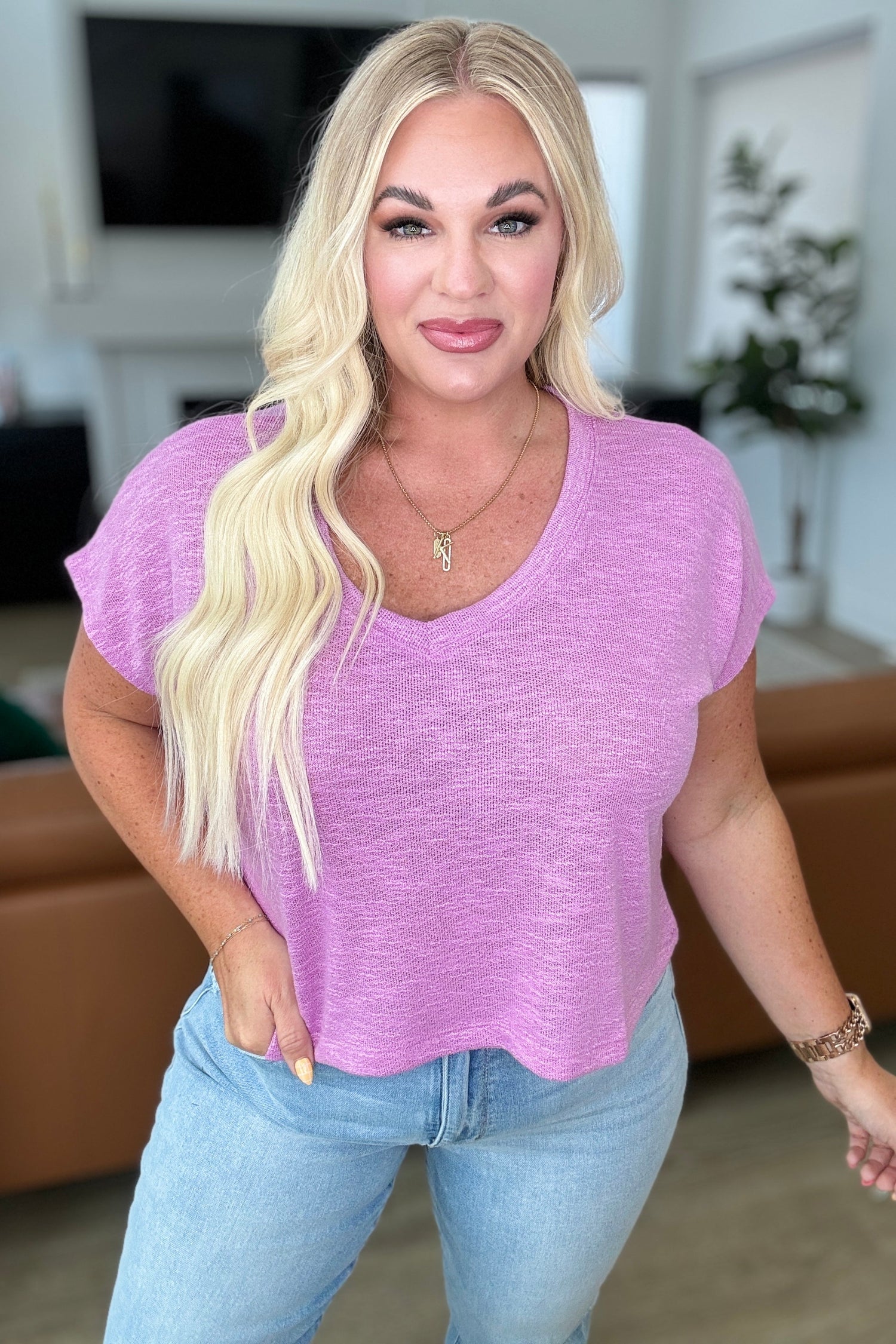 Classic Comfort V-Neck Top in Mauve Tops   