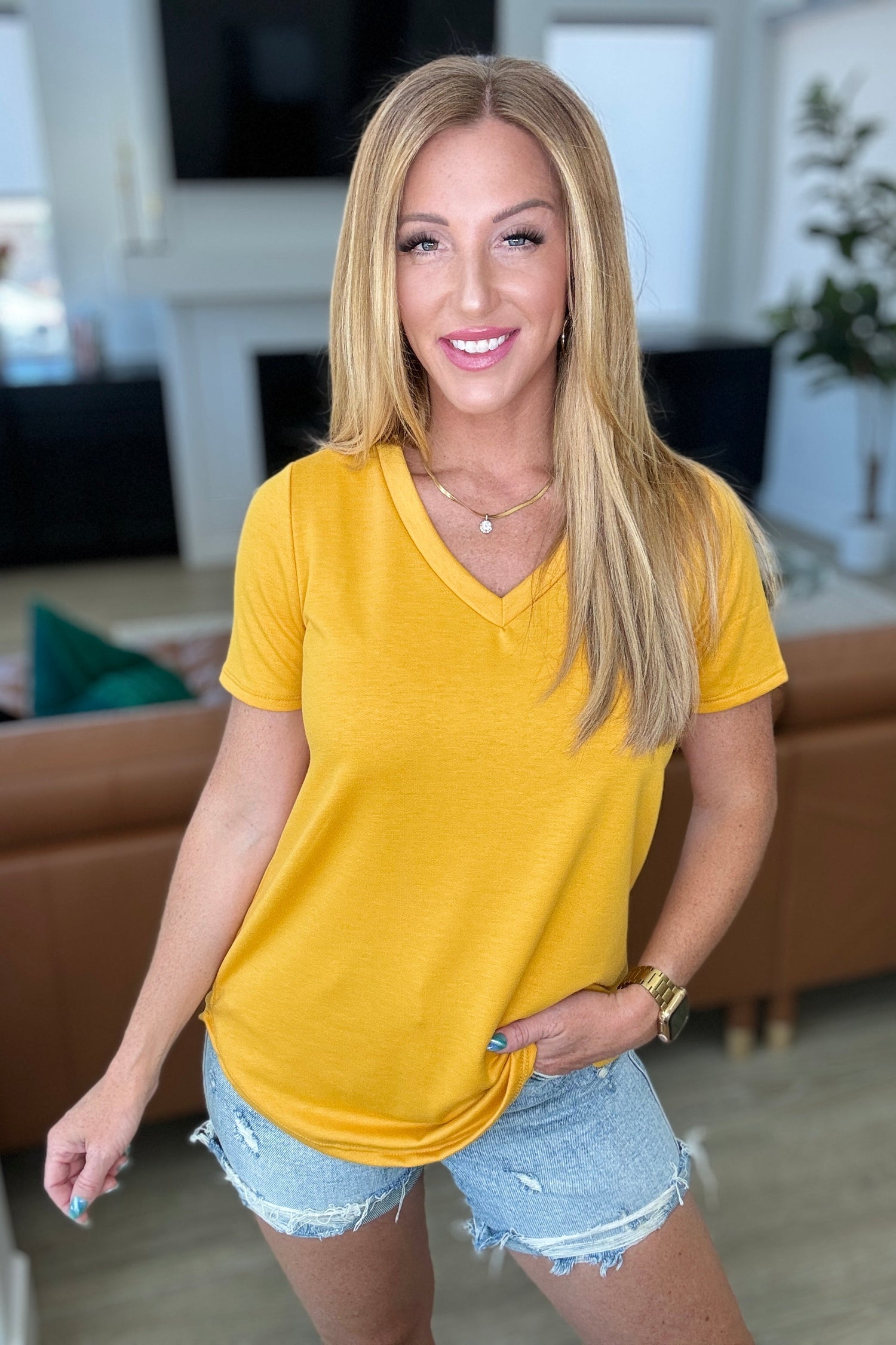 Heart and Soul V-Neck Top in Mustard Tops   