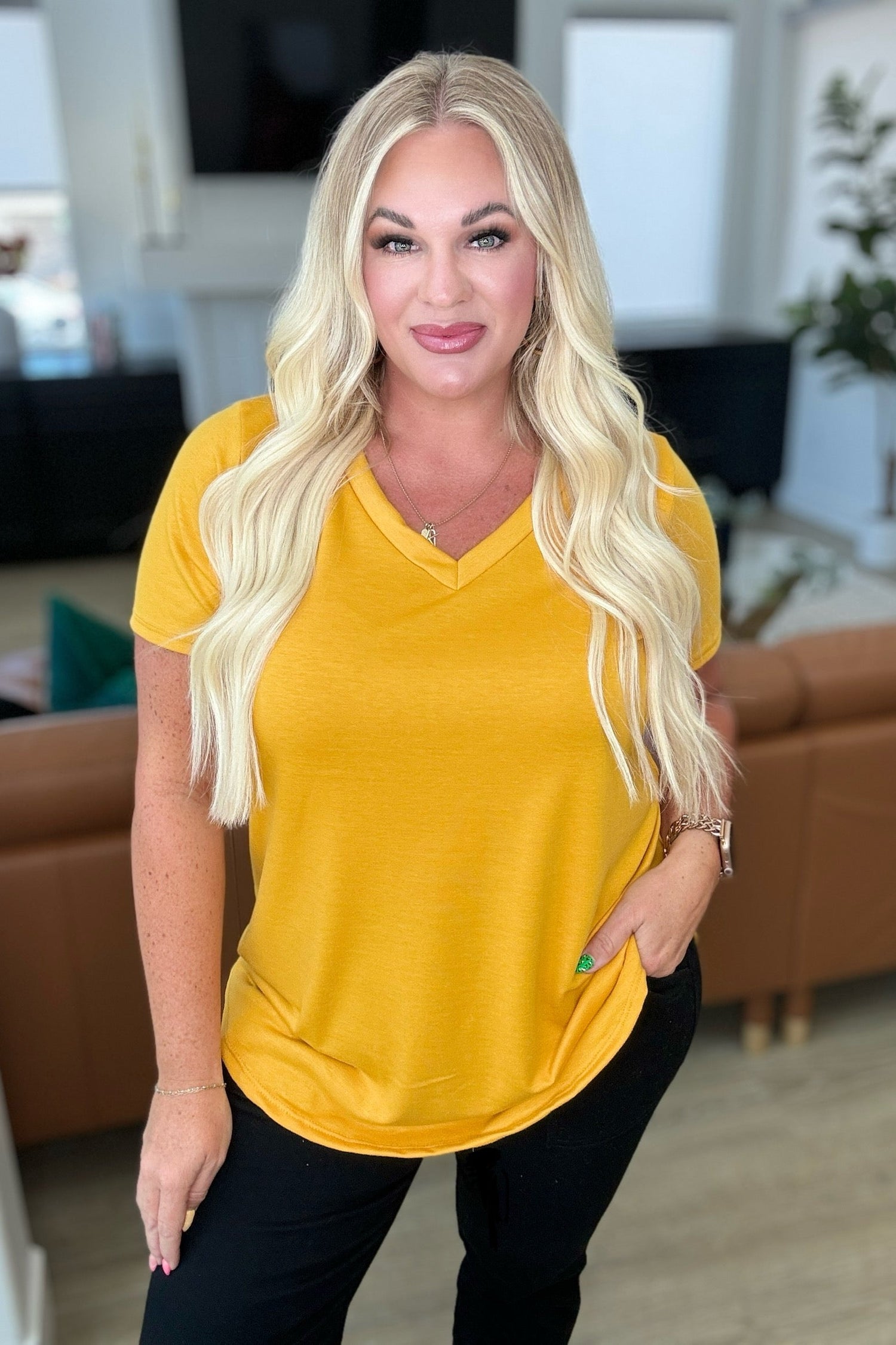 Heart and Soul V-Neck Top in Mustard Tops   