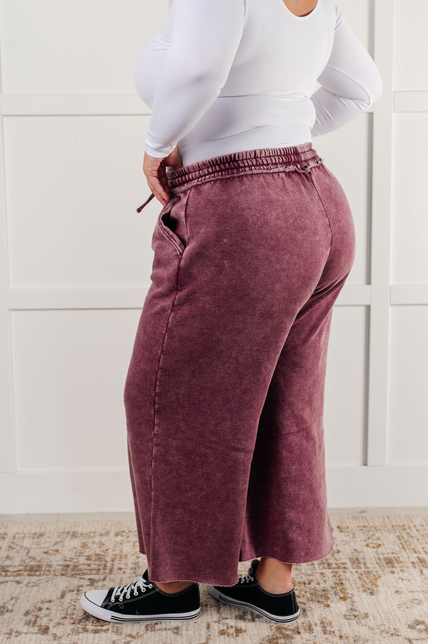 In or Out Wide Leg Cropped Pants in Eggplant Athleisure