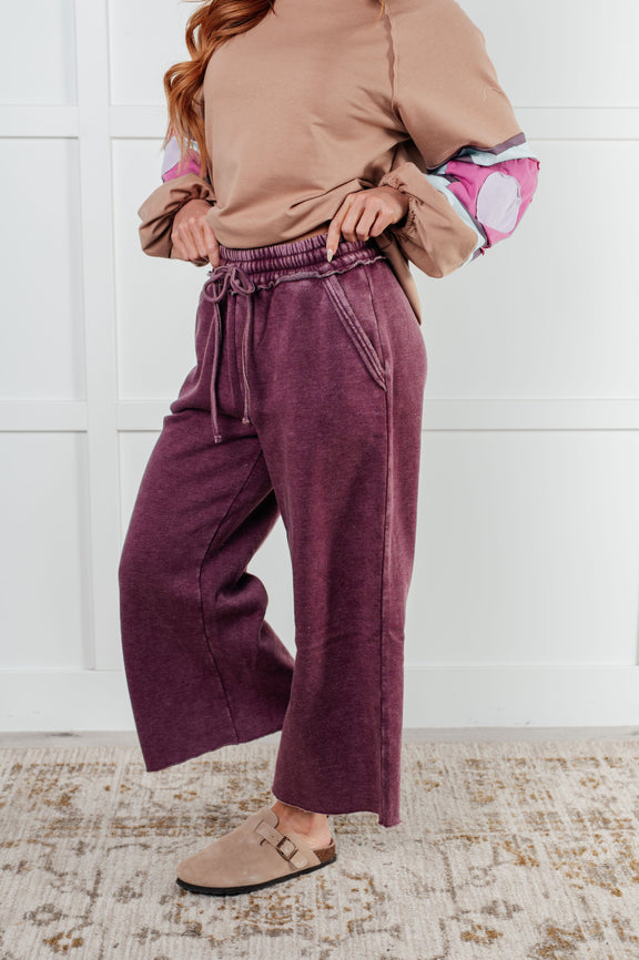 In or Out Wide Leg Cropped Pants in Eggplant Athleisure