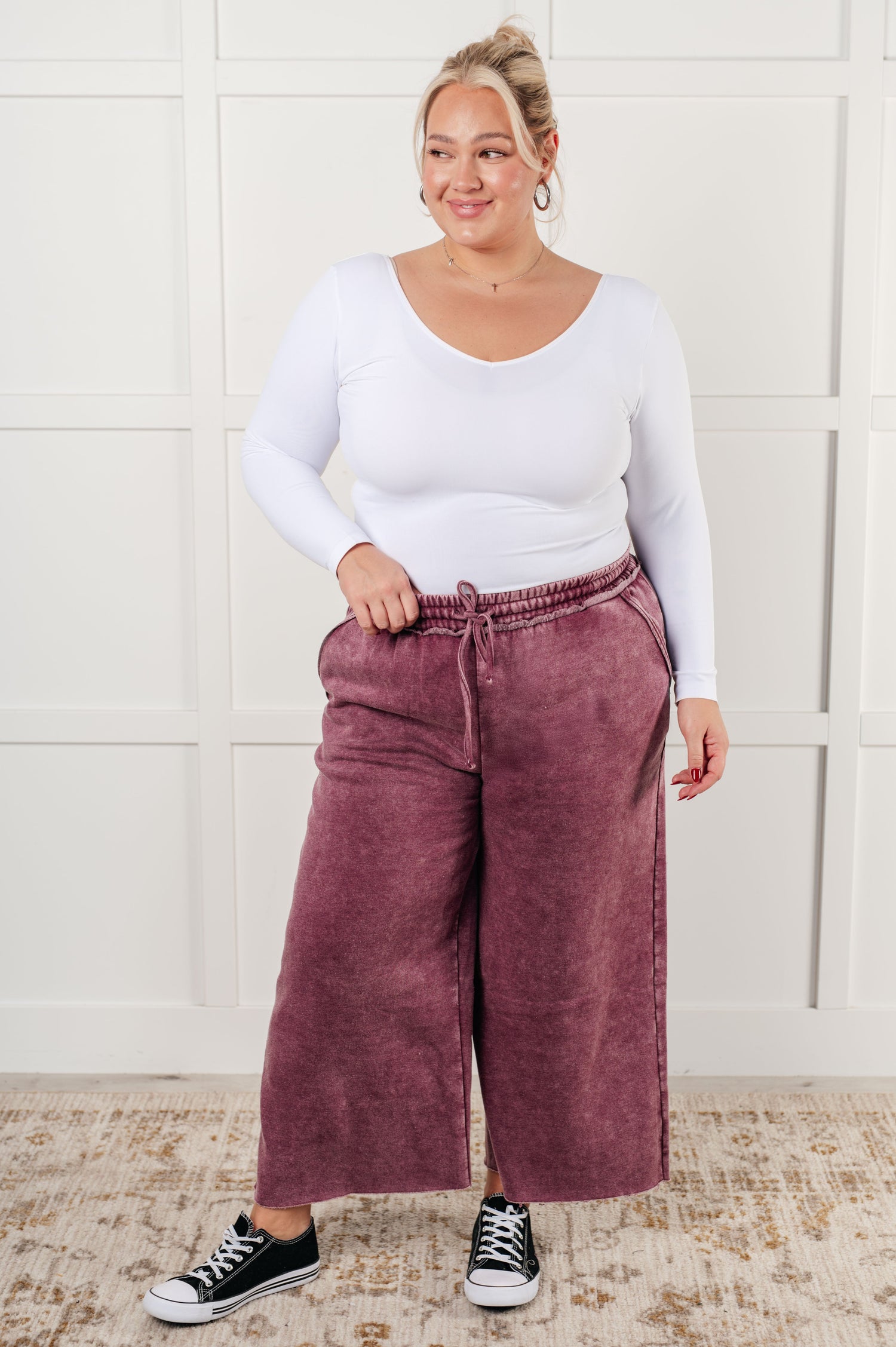 In or Out Wide Leg Cropped Pants in Eggplant Athleisure