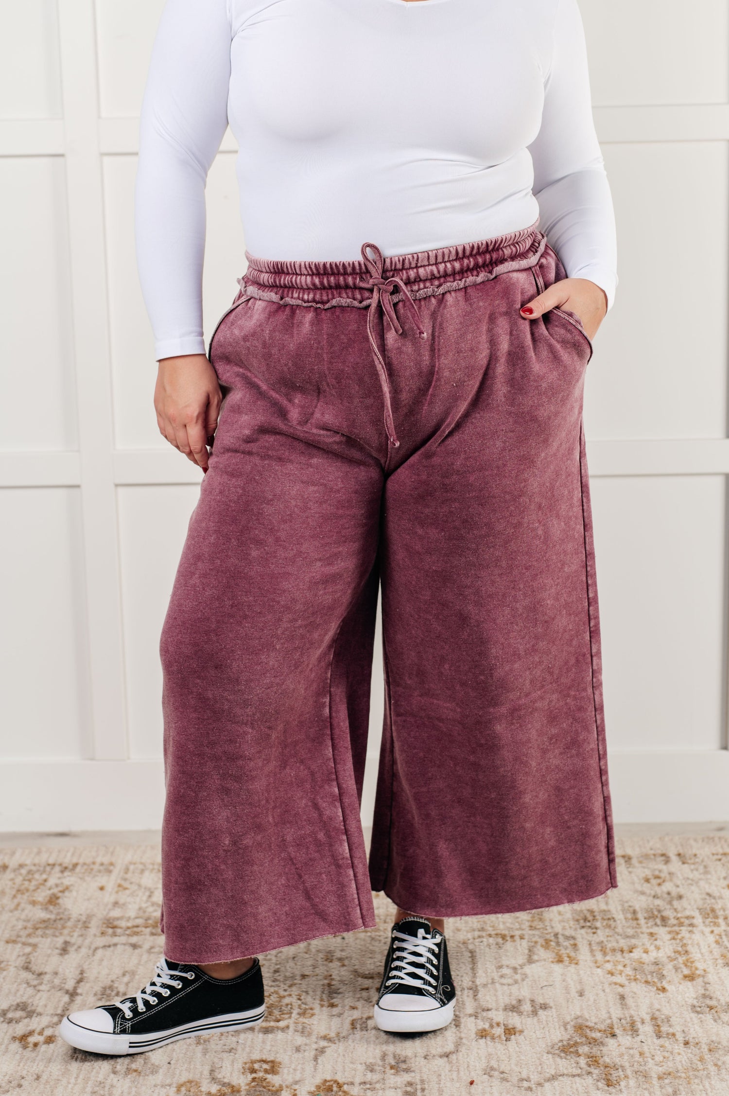 In or Out Wide Leg Cropped Pants in Eggplant Athleisure