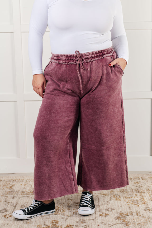 In or Out Wide Leg Cropped Pants in Eggplant Athleisure