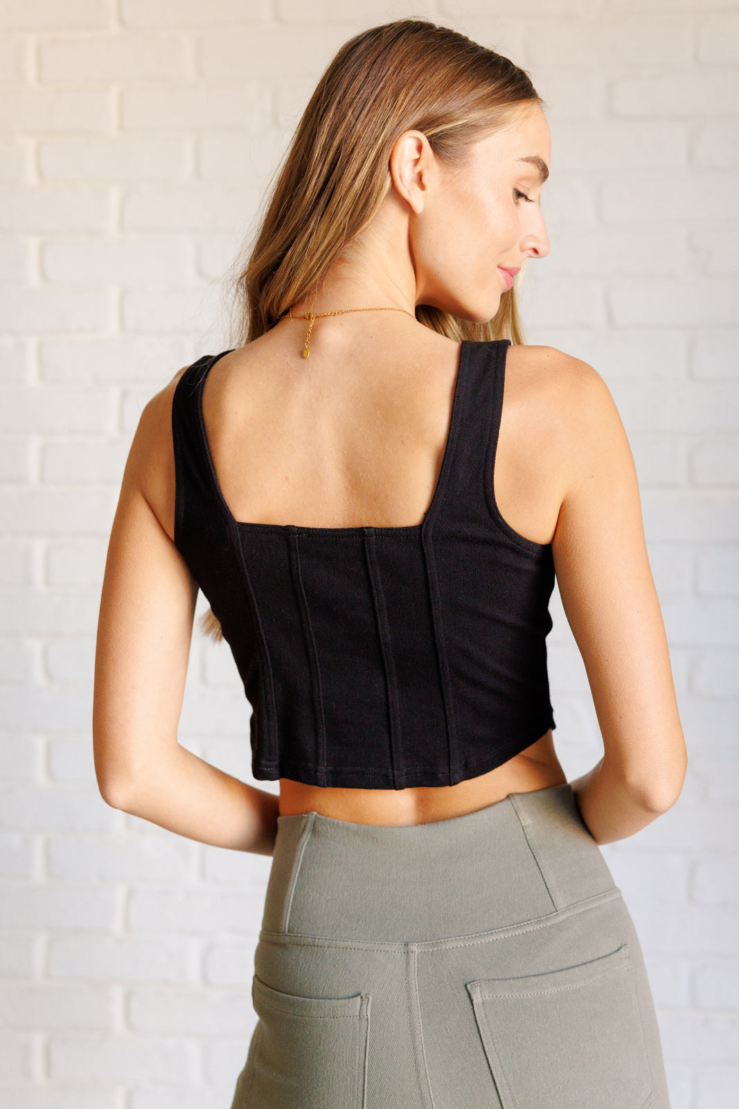 It's All About the Balance Twill Square Neck Crop Top in Black Tops   