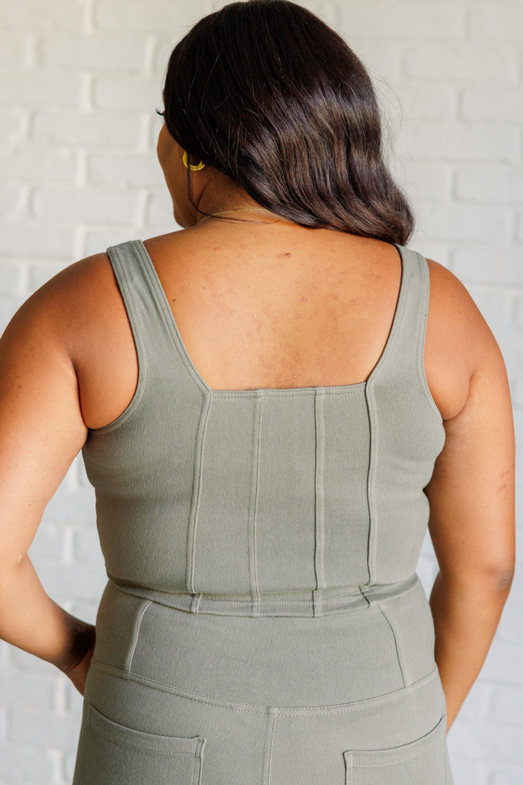 It's All About the Balance Twill Square Neck Crop Top in Dusty Olive Tops   