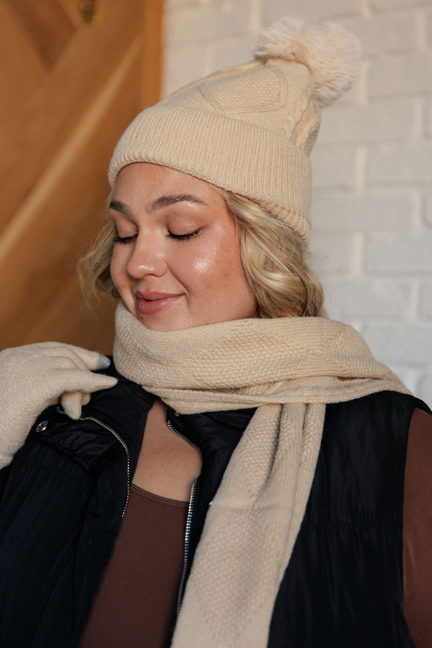 Jane Frost Beanie, Glove, and Scarf Set in Beige Accessories