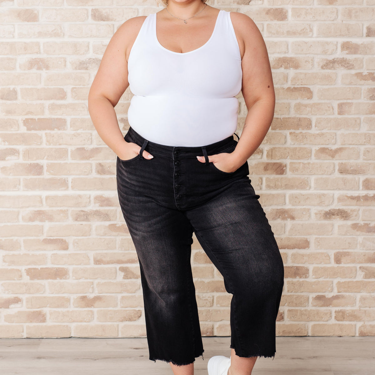 Ryan High Rise Button Fly Wide Leg Crop Jeans - Three Mad Hatters Mercantile 