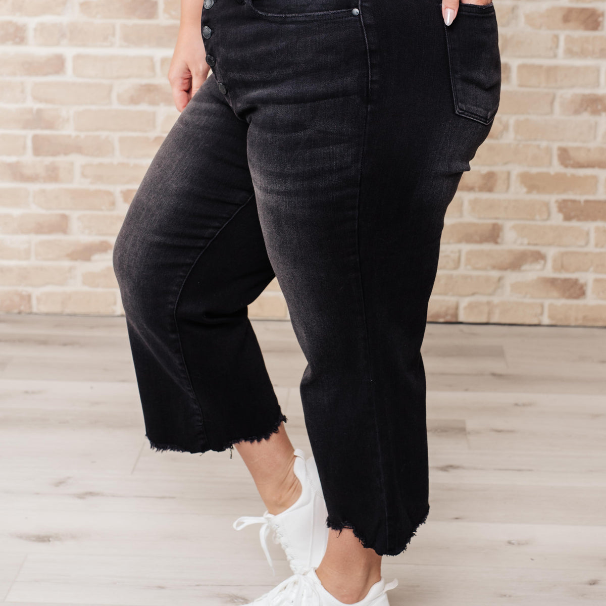 Ryan High Rise Button Fly Wide Leg Crop Jeans - Three Mad Hatters Mercantile 