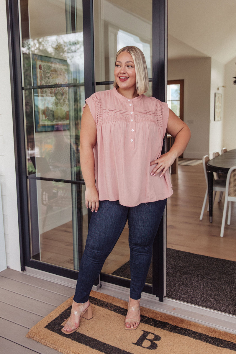 Pleat Detail Button Up Blouse in Pink Tops   