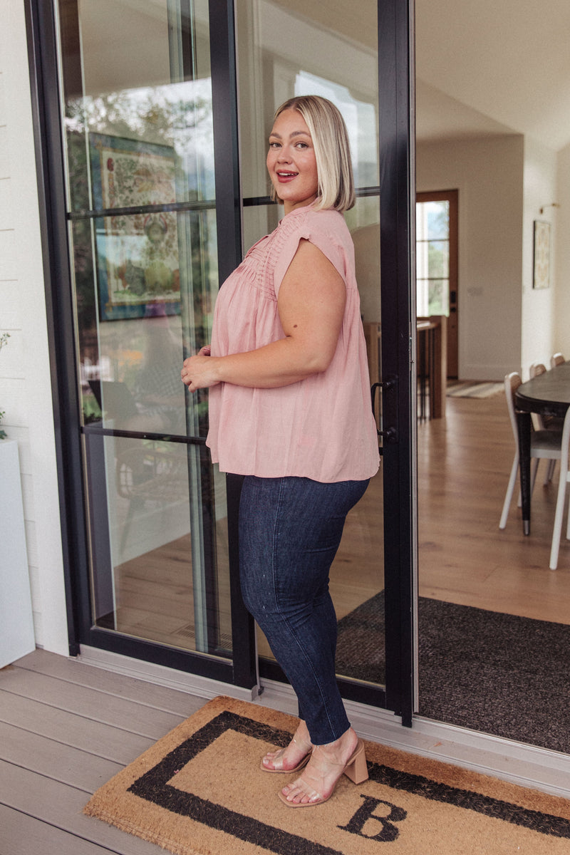 Pleat Detail Button Up Blouse in Pink Tops   