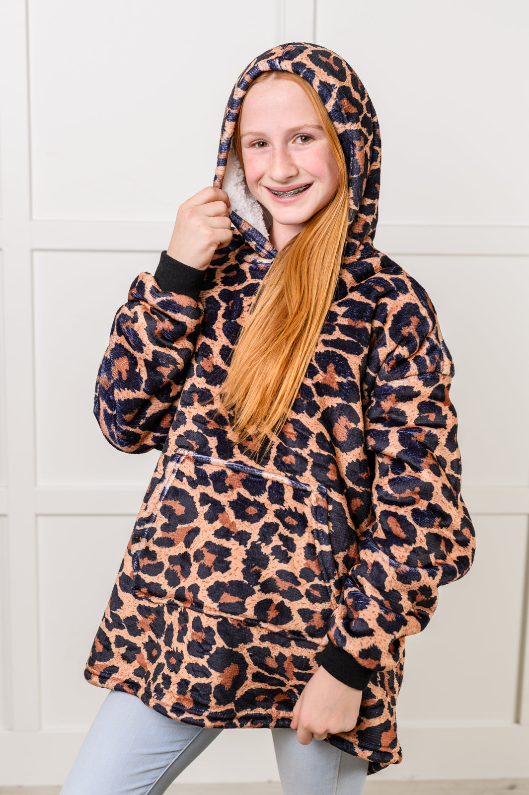 Kids Oversized Hoodie Blanket in Leopard Layers