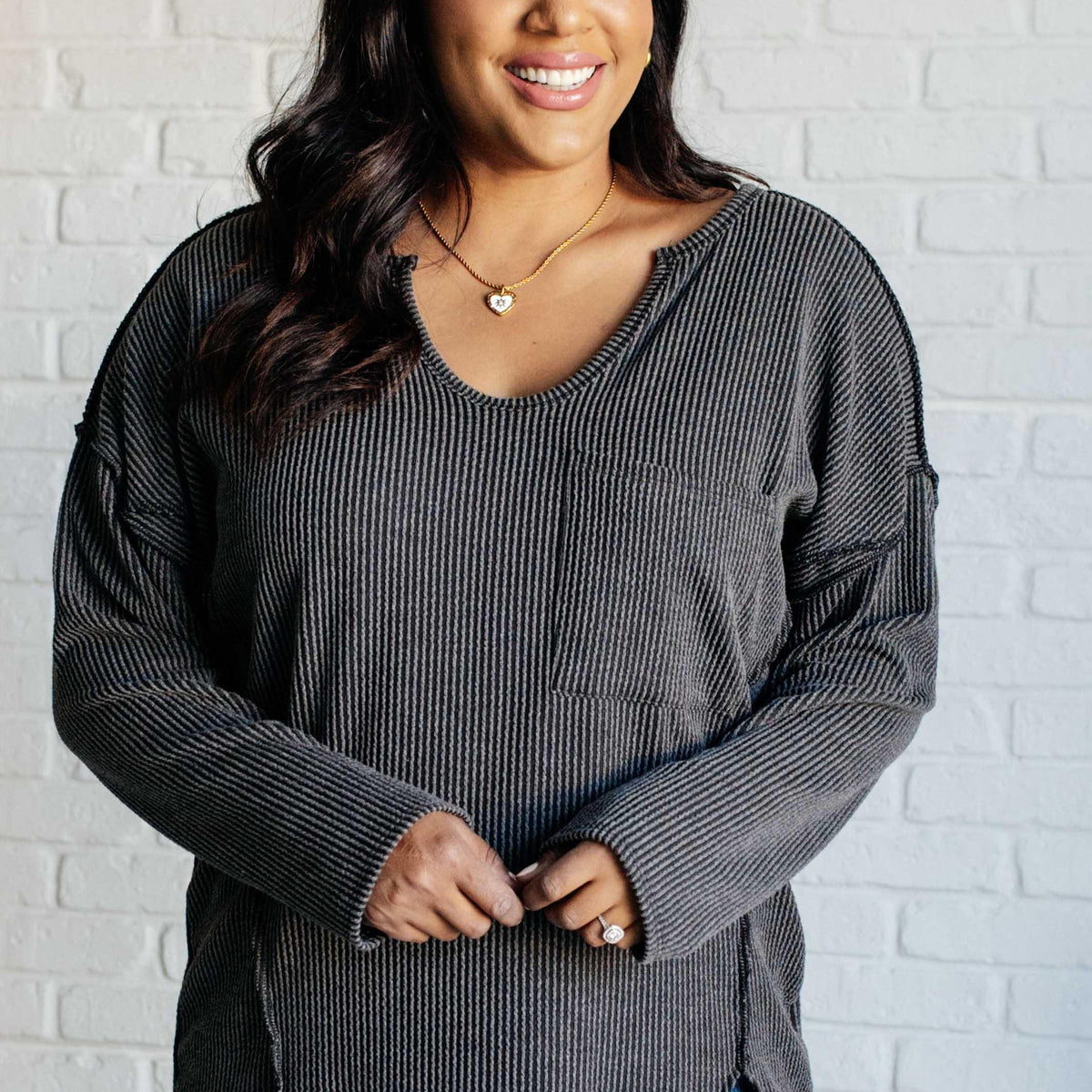 Kinda Sorta Ribbed Top in Charcoal - Three Mad Hatters Mercantile 