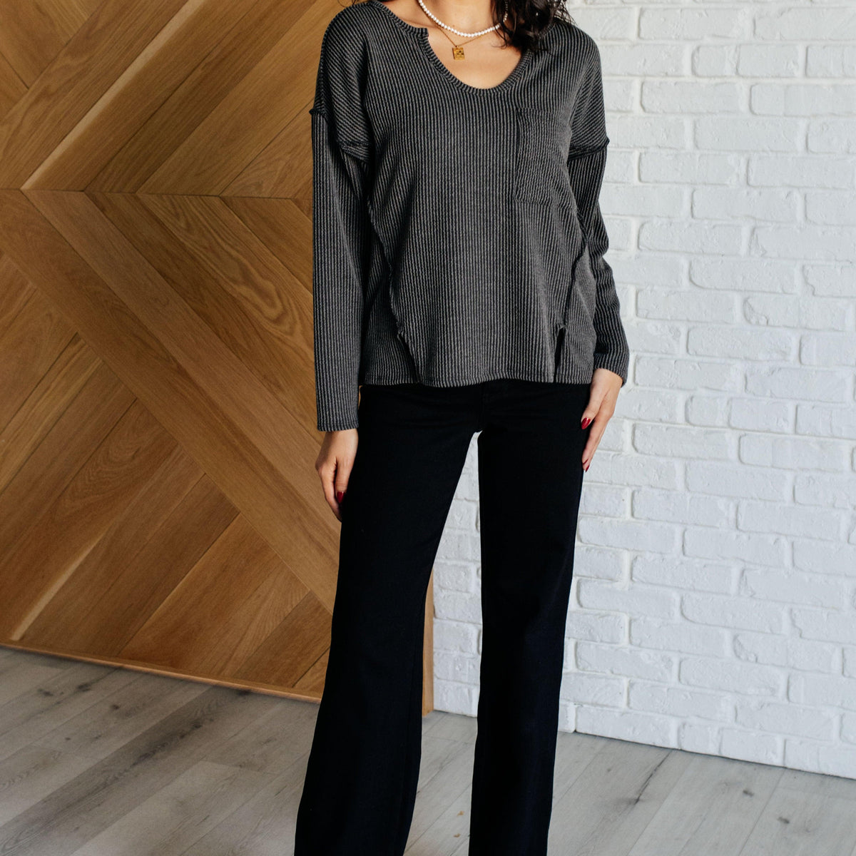 Kinda Sorta Ribbed Top in Charcoal - Three Mad Hatters Mercantile 