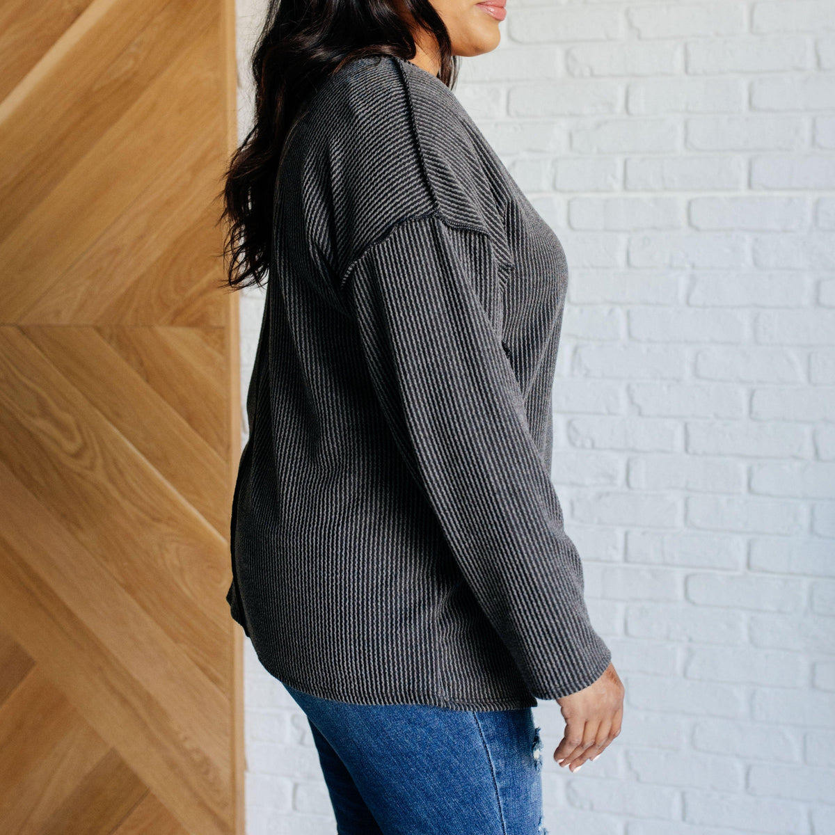Kinda Sorta Ribbed Top in Charcoal - Three Mad Hatters Mercantile 