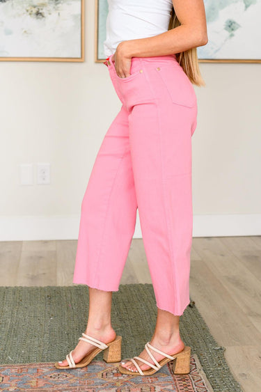 Judy Blue- High Rise Control Top Wide Leg Crop Jeans in Pink