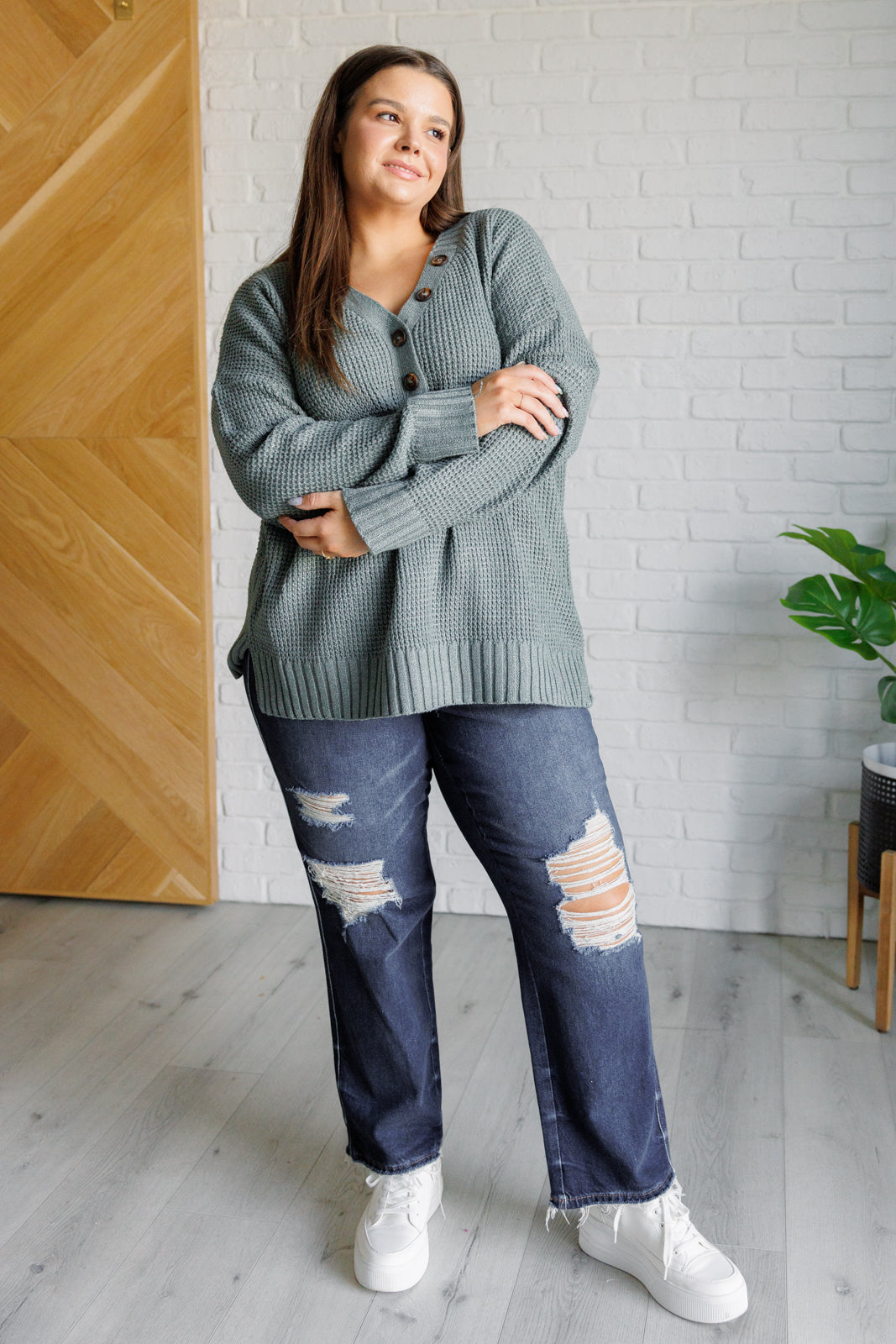 Lakeside View Drop Shoulder Sweater in Sage Tops   