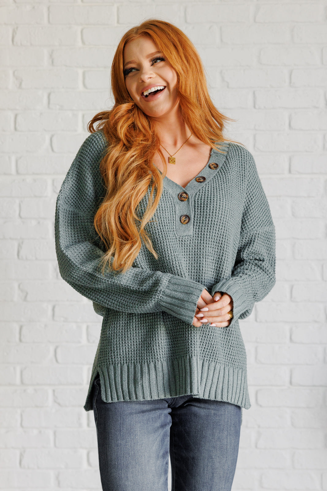 Lakeside View Drop Shoulder Sweater in Sage Tops   