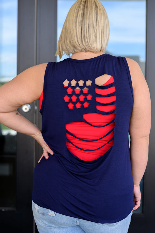 Land of the Free Tank in Navy Womens Tops   