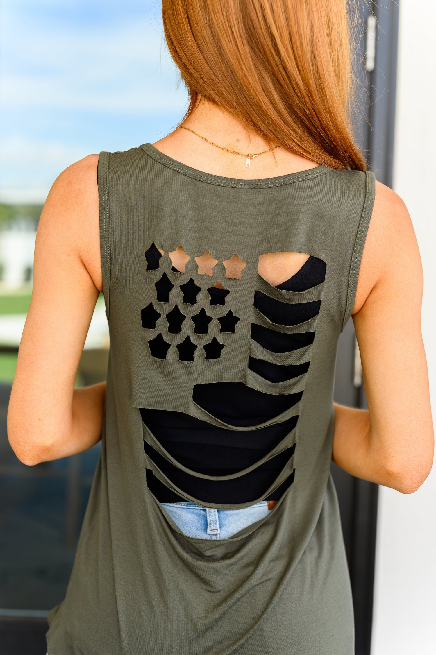 Land of the Free Tank in Olive Womens Tops   