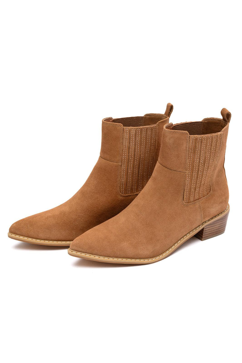 Leonor Suede Ankle Boot in Tan - Three Mad Hatters Mercantile 