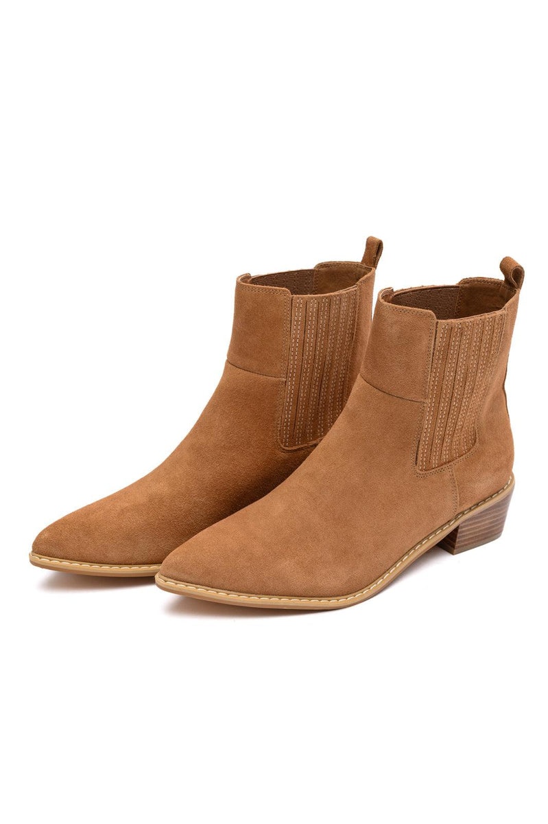 Leonor Suede Ankle Boot in Tan - Three Mad Hatters Mercantile 