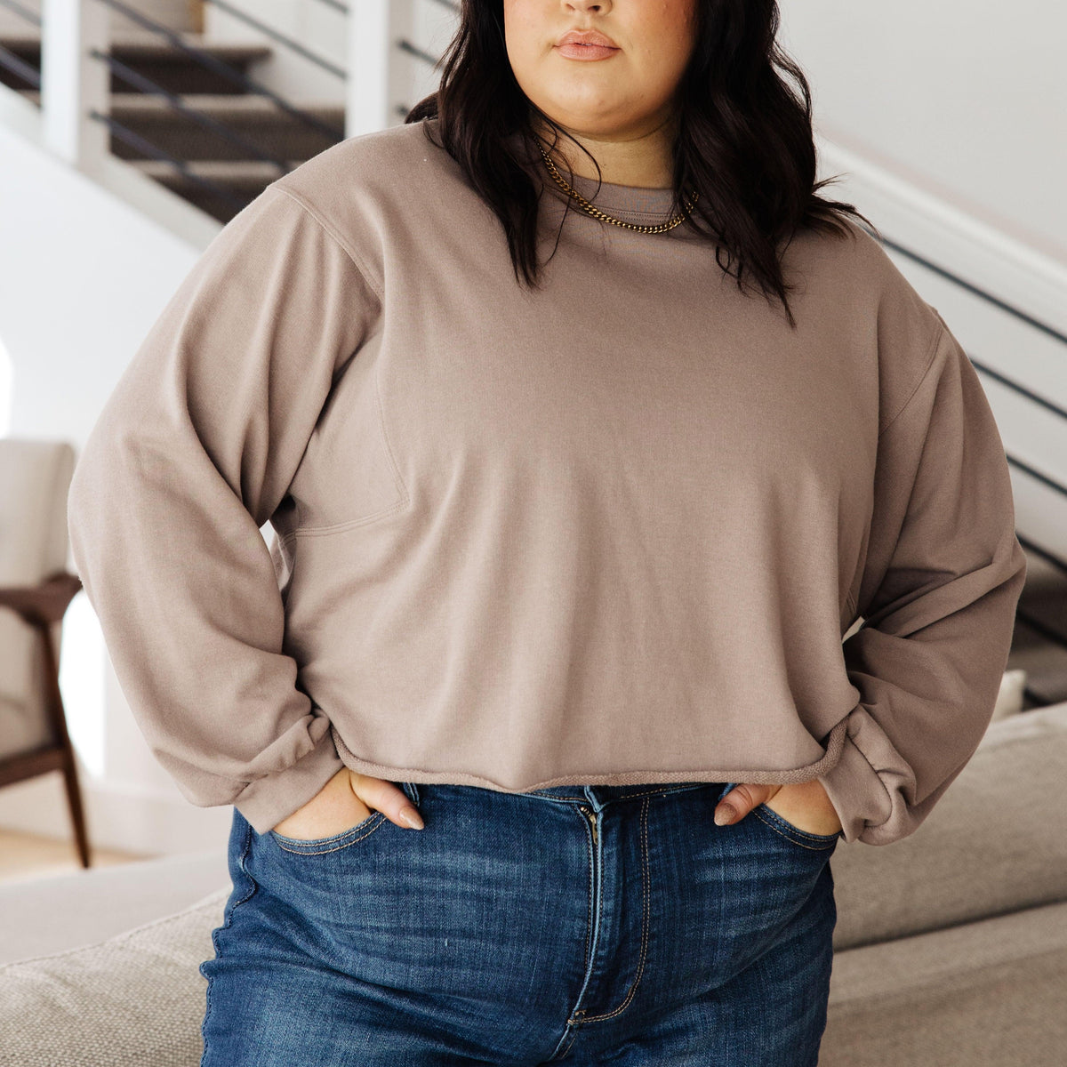 Lounge A Lot Cut Off Sweatshirt in Mocha - Three Mad Hatters Mercantile 