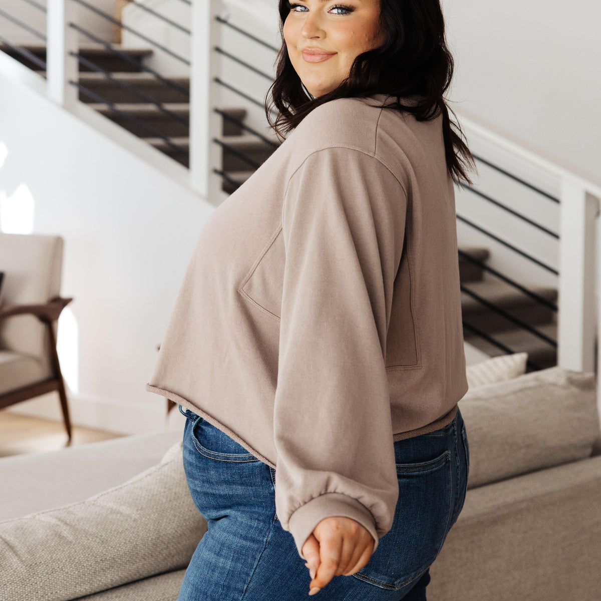 Lounge A Lot Cut Off Sweatshirt in Mocha - Three Mad Hatters Mercantile 