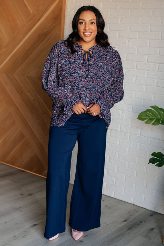 Lucid Dream Ruffle Neckline Blouse in Navy Blouses   