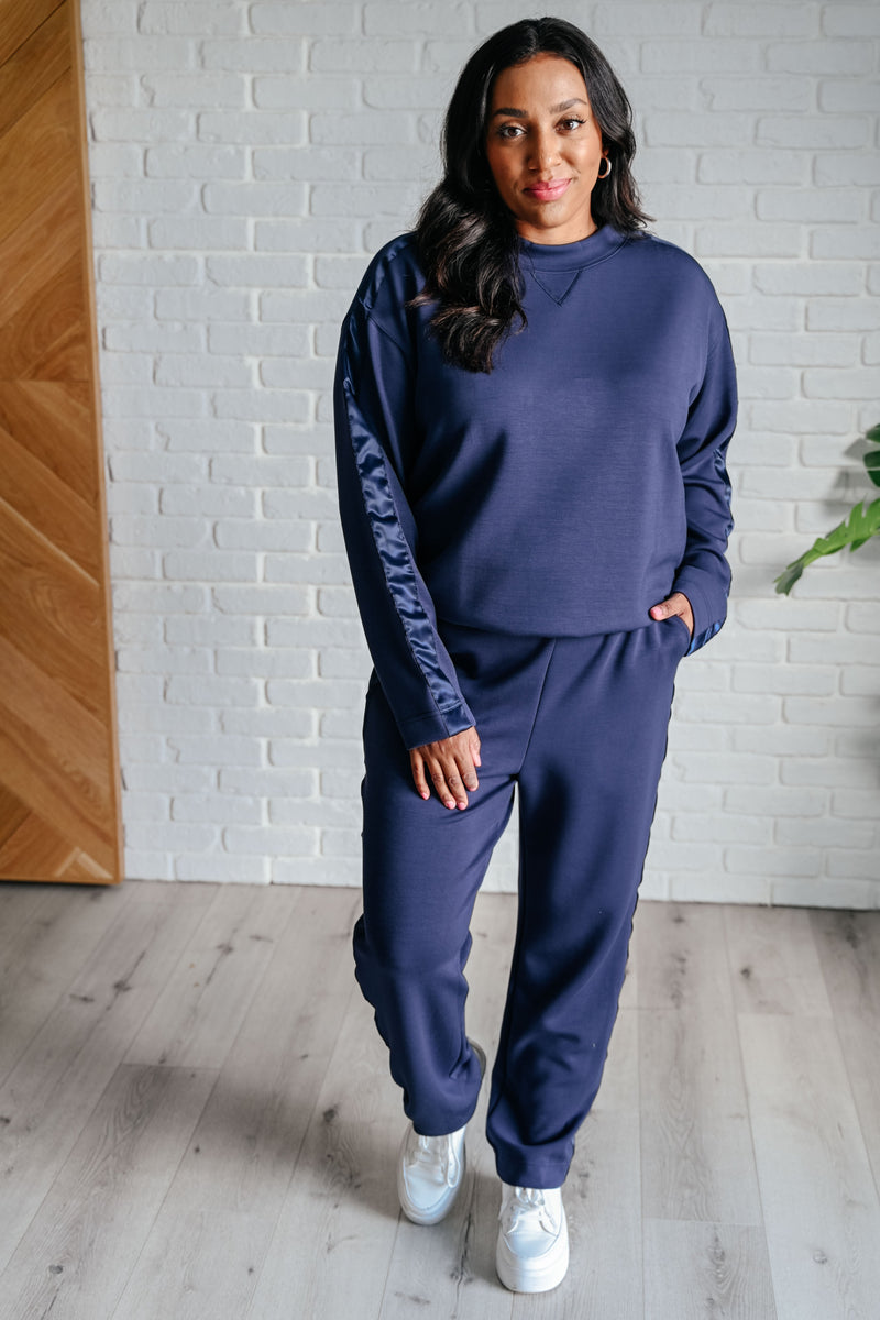 Lysa Satin Stripe Pullover in Smoky Navy Womens Athleisure   