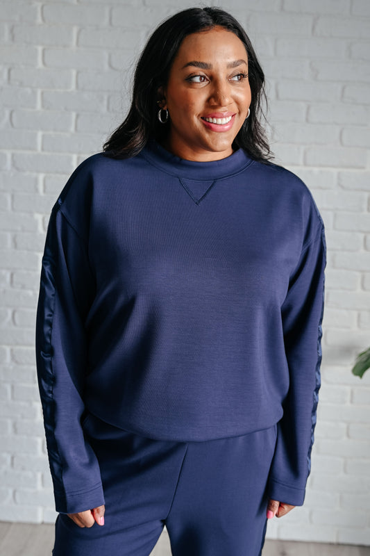 Lysa Satin Stripe Pullover in Smoky Navy Womens Athleisure   