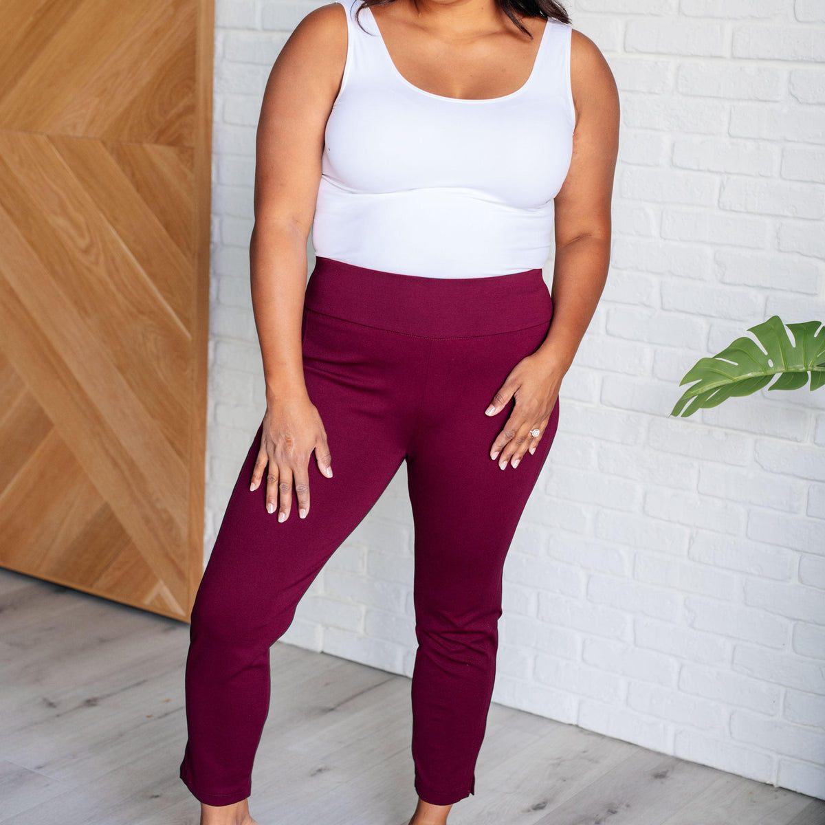 Magic Ankle Crop Skinny Pants in Wine - Three Mad Hatters Mercantile 